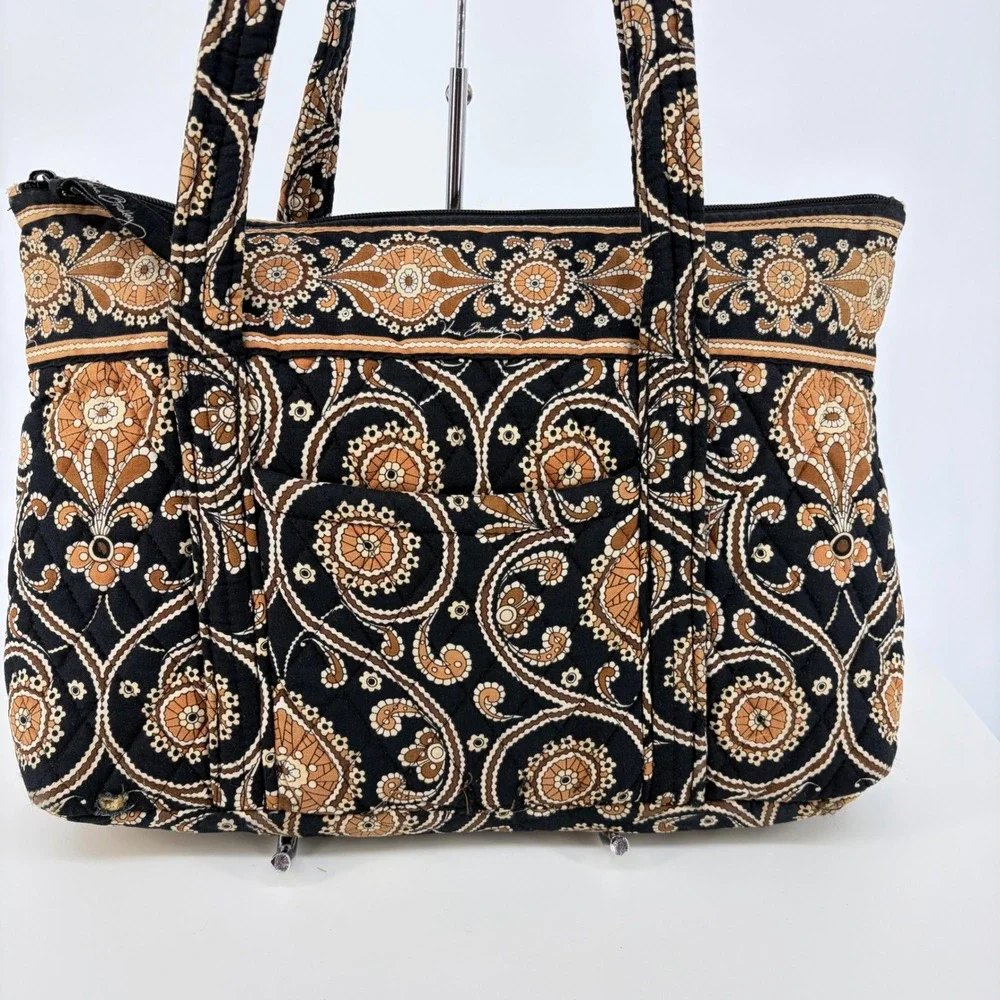 Vera Bradley Tote Bag & Wallet Set Caffe Latte Paisley Quilted Black Tan 15x9